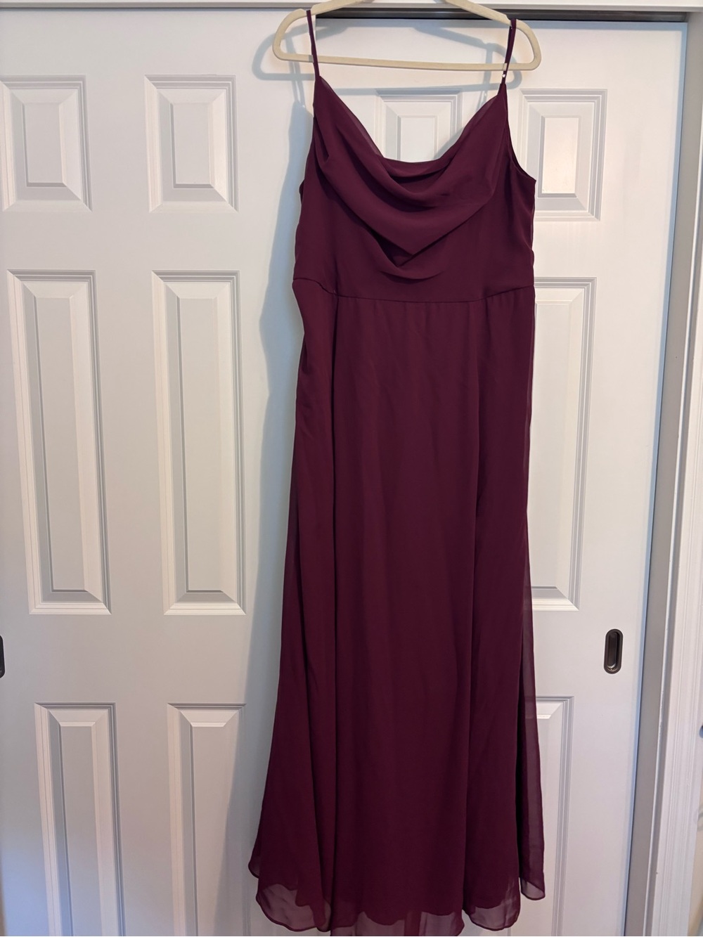 David's Bridal Wine Cowl Neck Chiffon Gown
